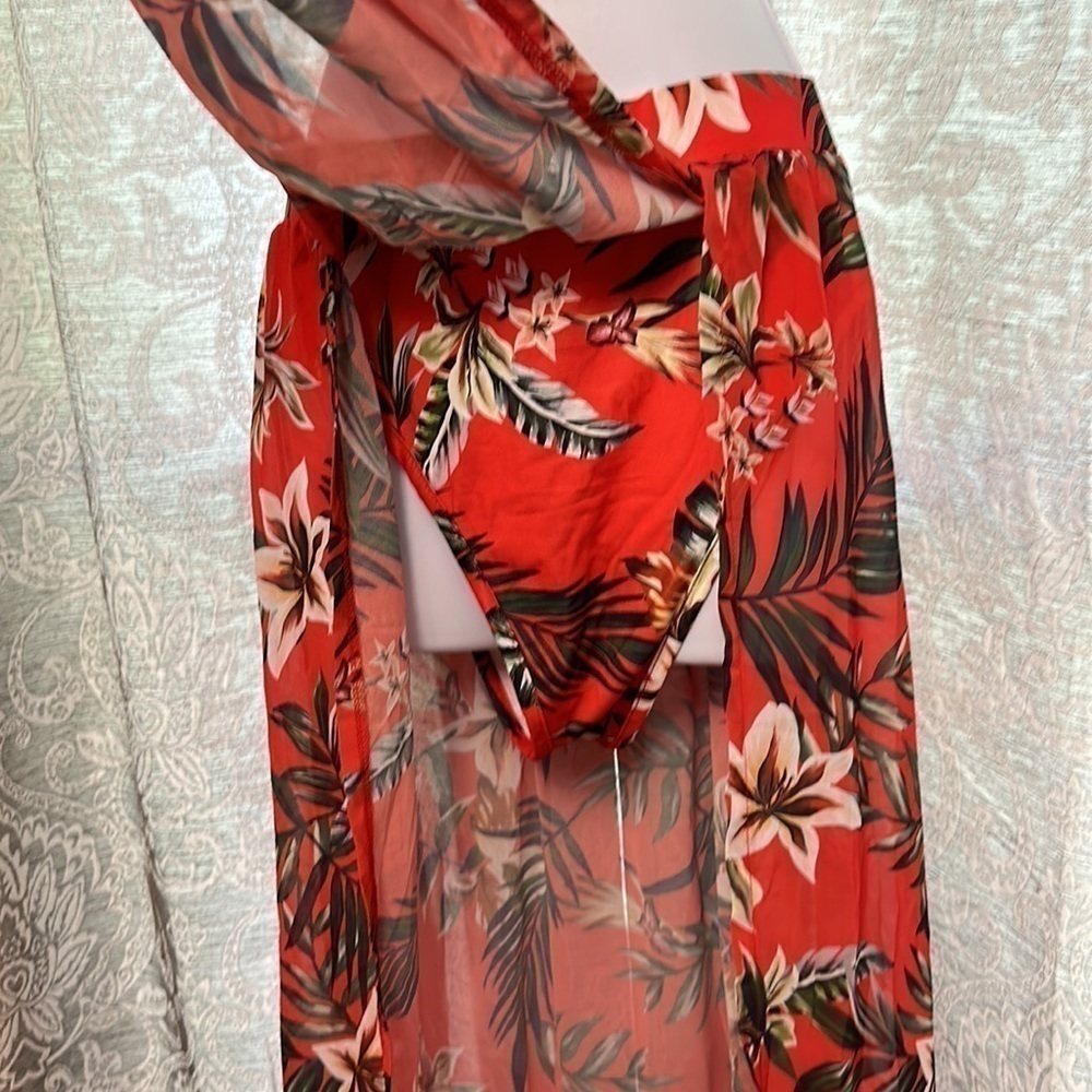 TROPICAL Two Piece Skirt Set Red Size Large Palm Print Lillies Summer - Picture 7 of 16